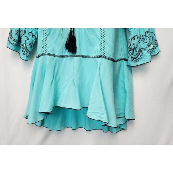 Woman's Tunic Top Blouse Aqua Blue Krista Lee Tranquil Embroidery Beaded Hi-Lo - Picture 5 of 11